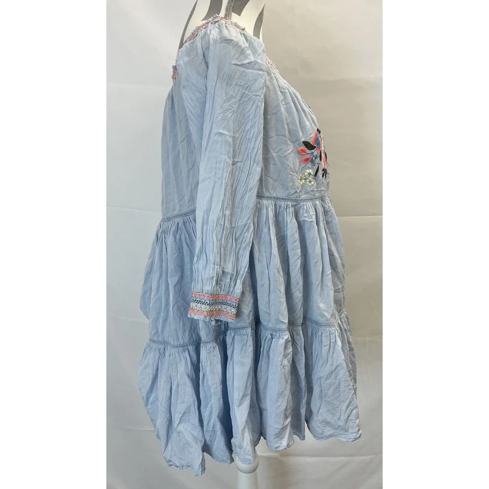 Free People Spell On You Floral Embroidered Dress 3/4 Sleeve Light Blue Medium - Picture 2 of 9